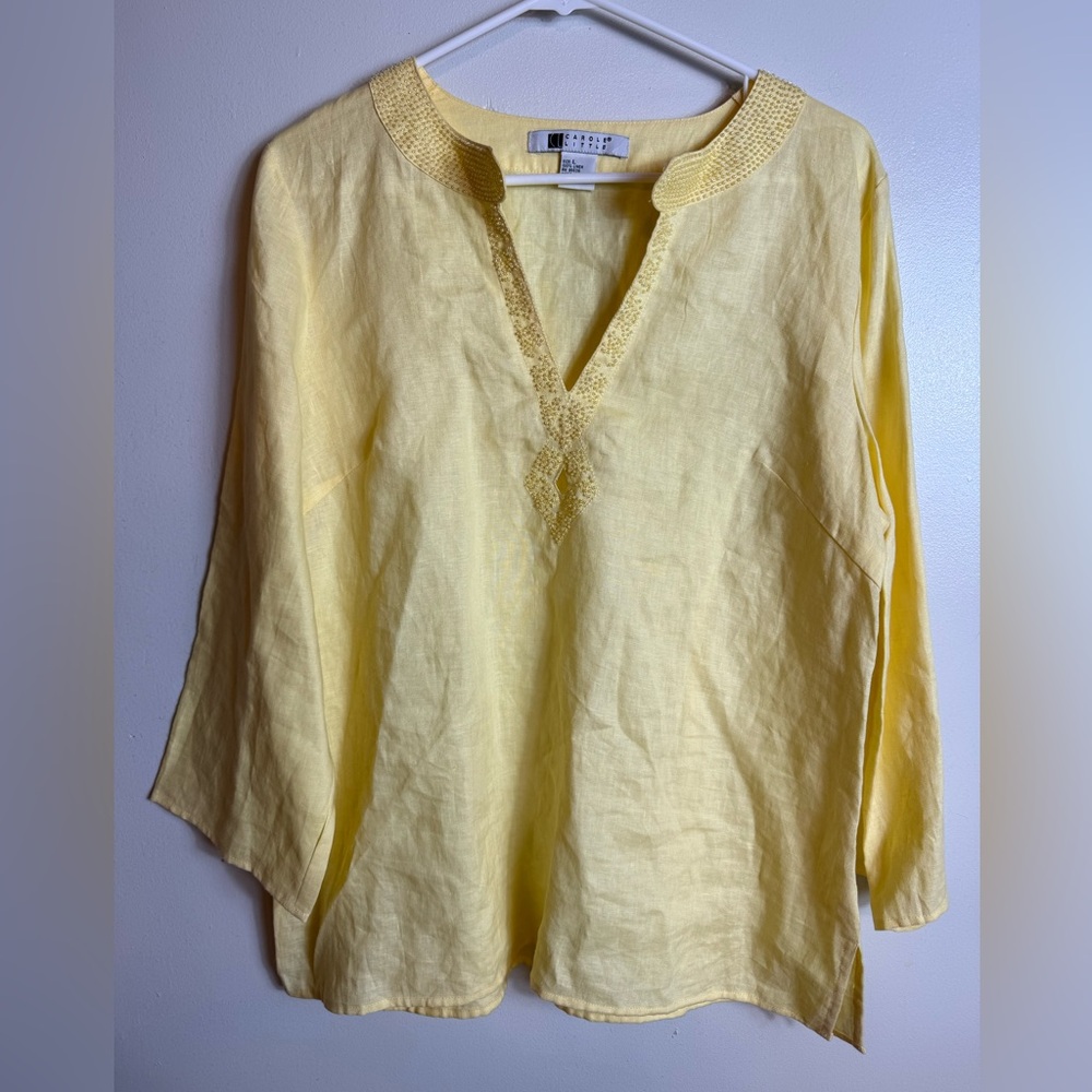 VTG Linen Tunic Blouse Yellow Boxey Beaded Casual Business Spring Carole Little